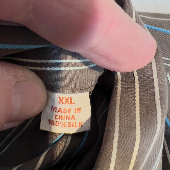 Tommy Bahama 100% Silk Resort Wear ButtonUp Shirt Men XXL Brown Blue Gold Stripe - Picture 3 of 13